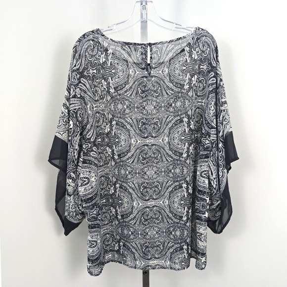 Dressbarn Paisley Print Kimono Style Boat Neck Sheer Top Black White 2X - Picture 2 of 7